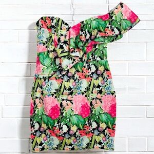 Lulumari Silky Ruffle One Shoulder Floral Stretchy Bodycon Sheath Mini Dress M